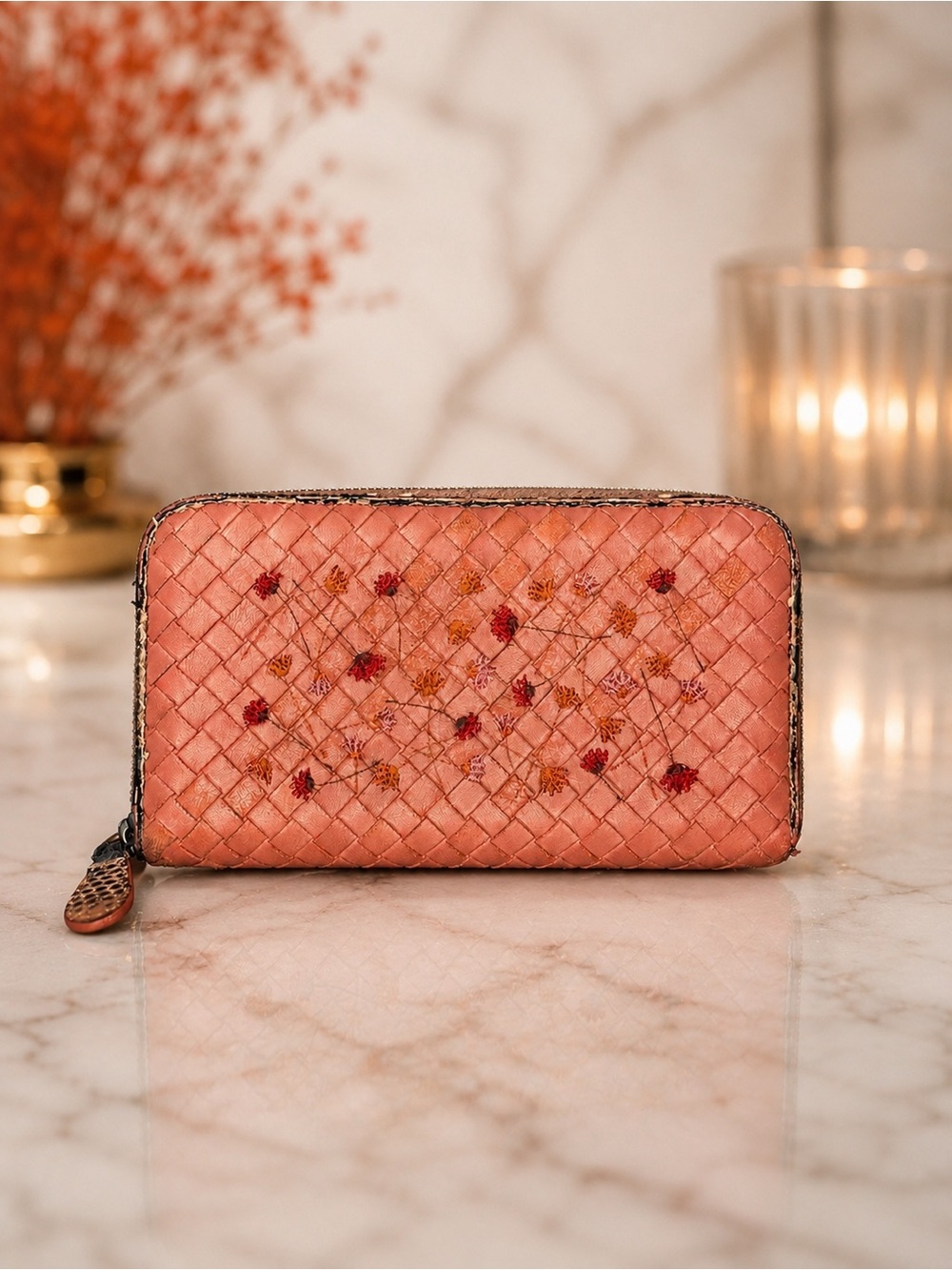 Bottega Veneta Coral Intrecciato Zip Wallet | Woven Leather | Includes COA